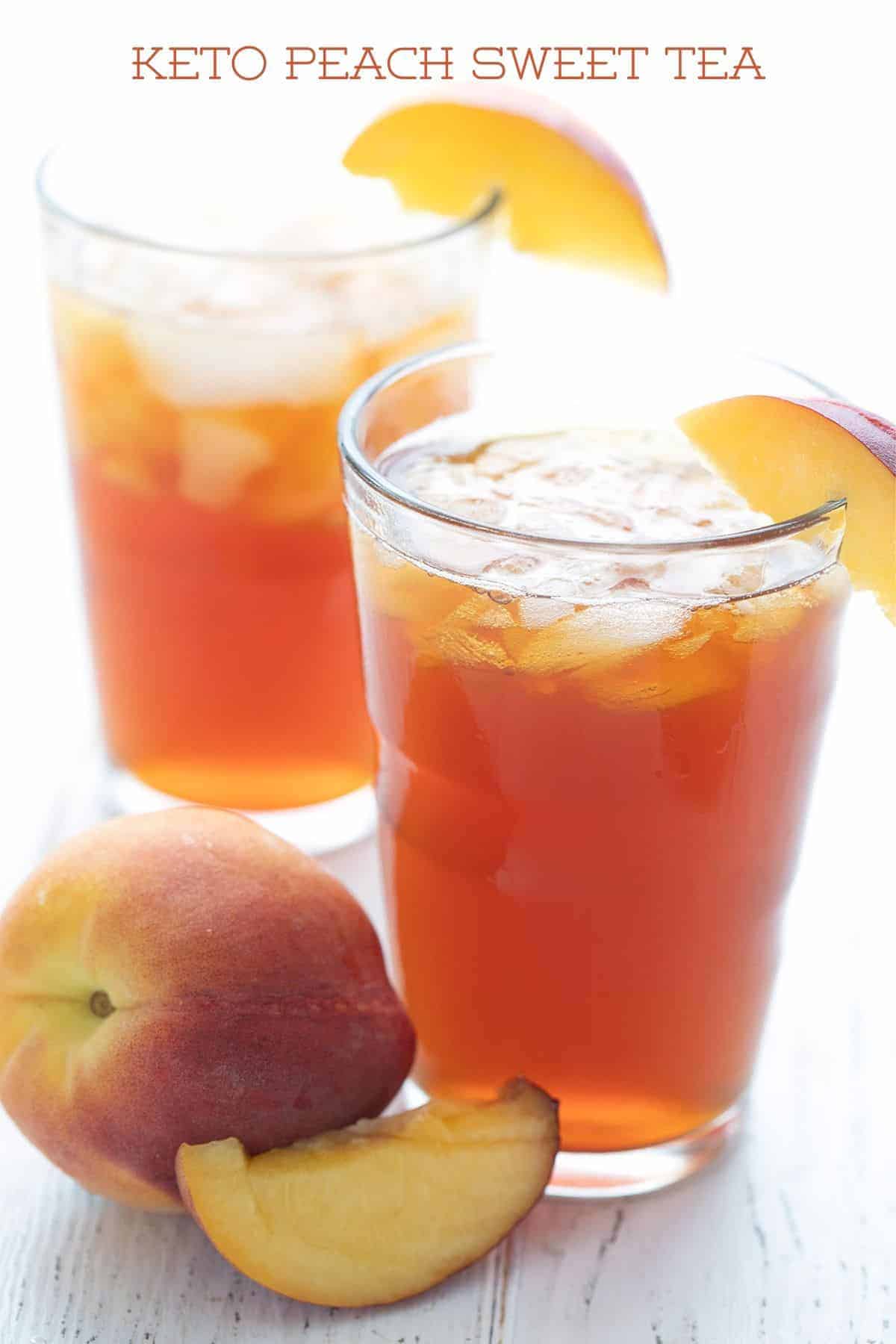 Titled image of two glasses of keto peach sweet tea
