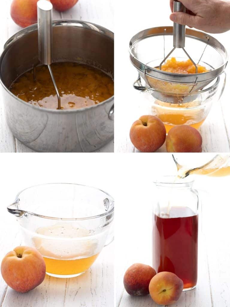 A collage of four images showing how to make peach-flavoured Keto sweet tea.