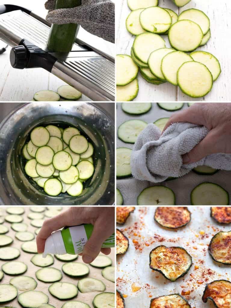 A collage of 6 photos showing the steps for making keto zucchini chips.