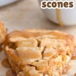 Pinterest image close up shot of a keto apple scone with a caramel drizzle.