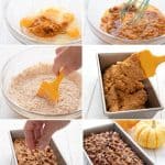 A collage of 6 photos showing the steps for making keto pumpkin bread.