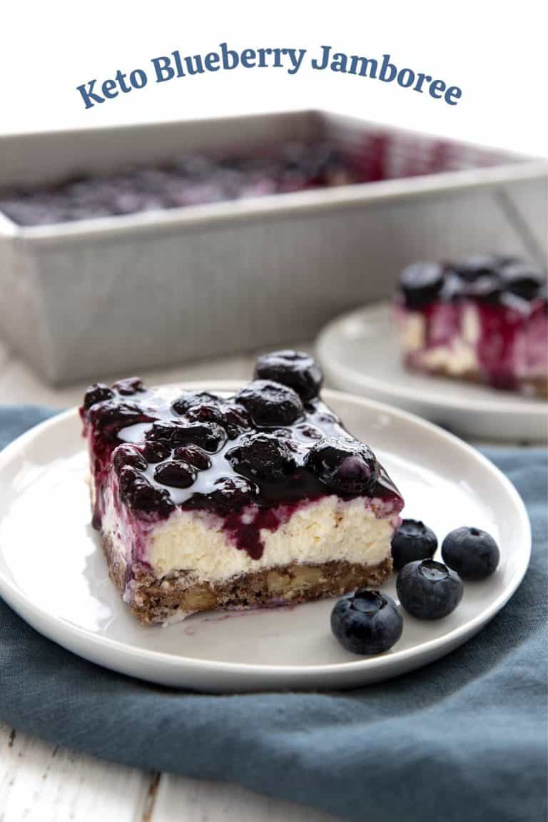 Titled image of keto blueberry jamboree on a white plate with blueberries around it.