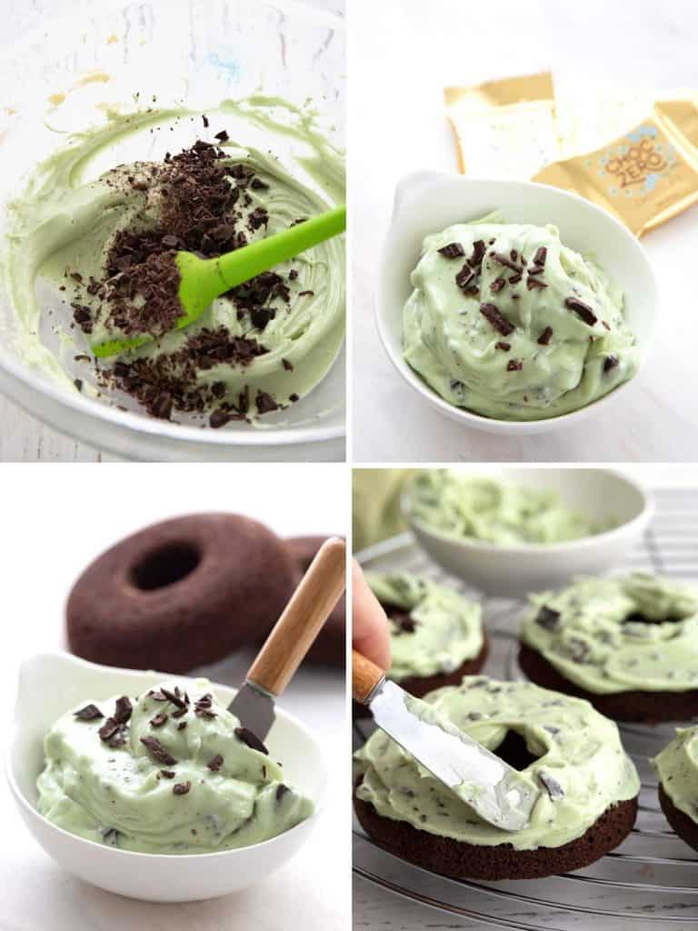 A set of four photos showing some of the steps for making sugar free mint chip frosting.