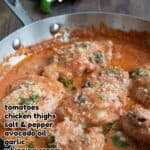 Pinterest image of a pan of Tomato Basil Chicken with the title above and the list of ingredients on the lefthand side.