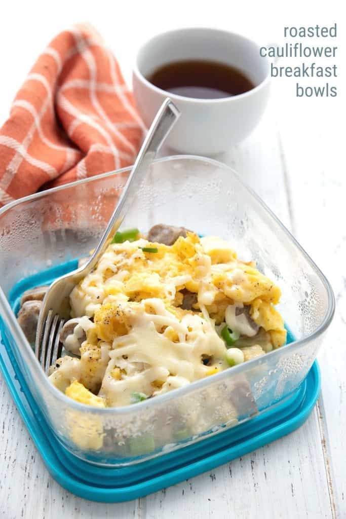 Keto make ahead breakfast bowl with a cup of coffee and a napkin