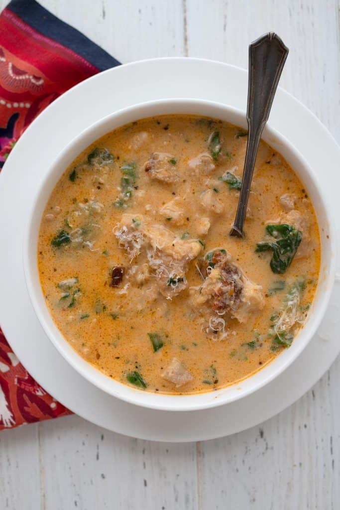 Top down image of Creamy Tuscan Chicken Soup.