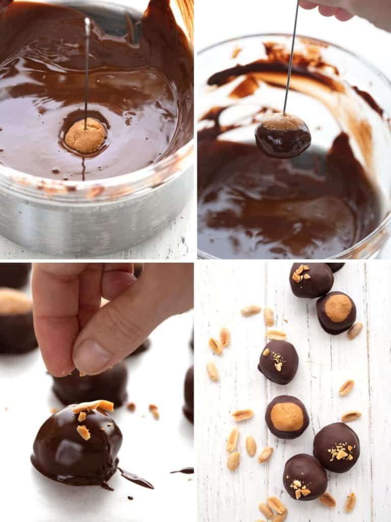 A collage of four photos showing how to make keto peanut butter buckeyes.