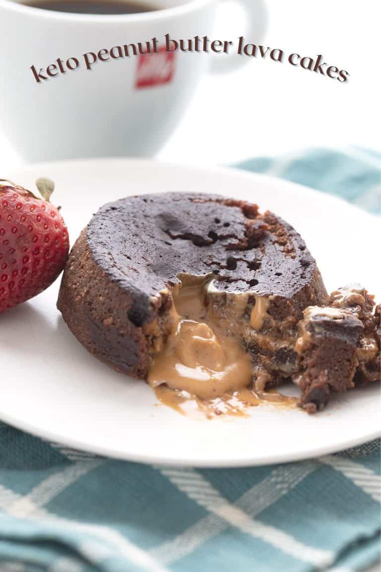 Titled image of keto chocolate peanut butter lava cake broken open to show the gooey inside.