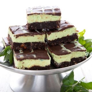 Keto Mint Chocolate Bars on a metal cake stand with sprigs of mint.