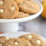 Titled Pinterest image of Keto Pumpkin Cookies on a white plate on a gray table.