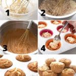 A collage of 6 images showing the steps for making keto pumpkin muffins.