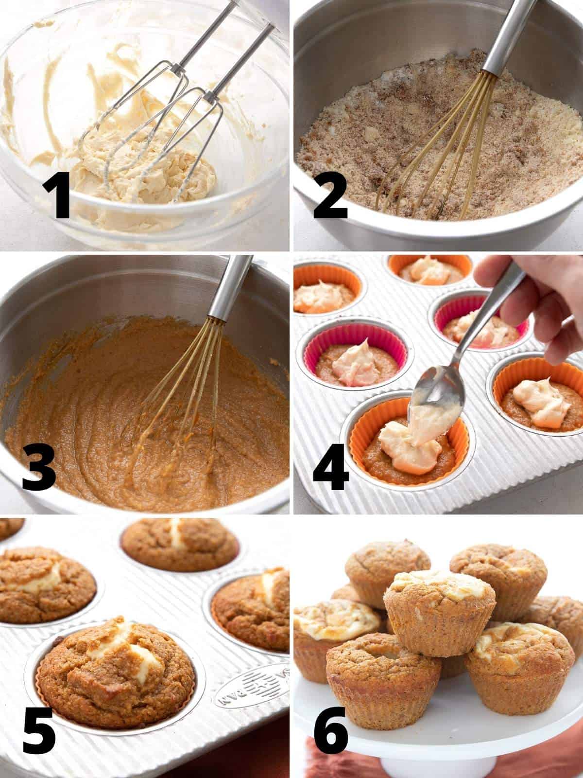 A collage of 6 images showing the steps for making keto pumpkin muffins. 
