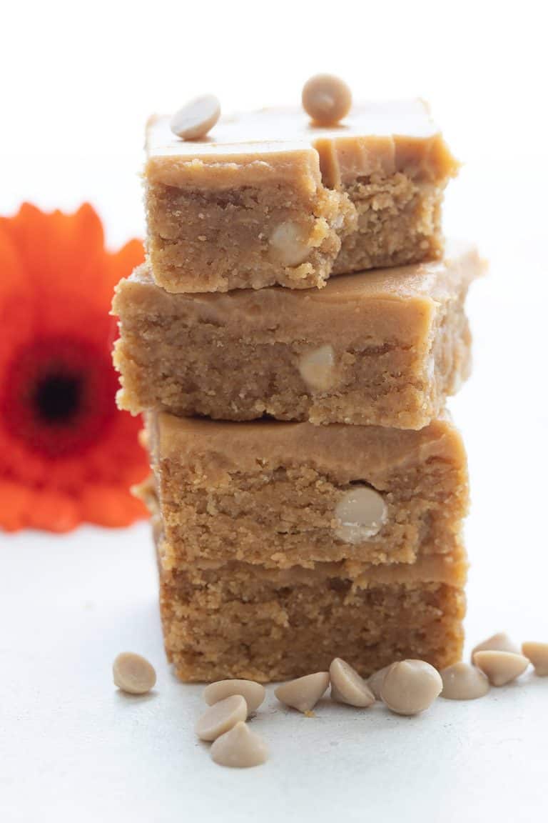 A stack of keto peanut butter blondies in front of an orange gerbera daisy.