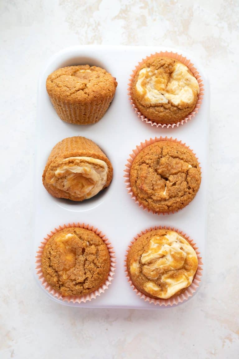 Top down image of a white muffin pan filled with Keto Pumpkin Muffins.