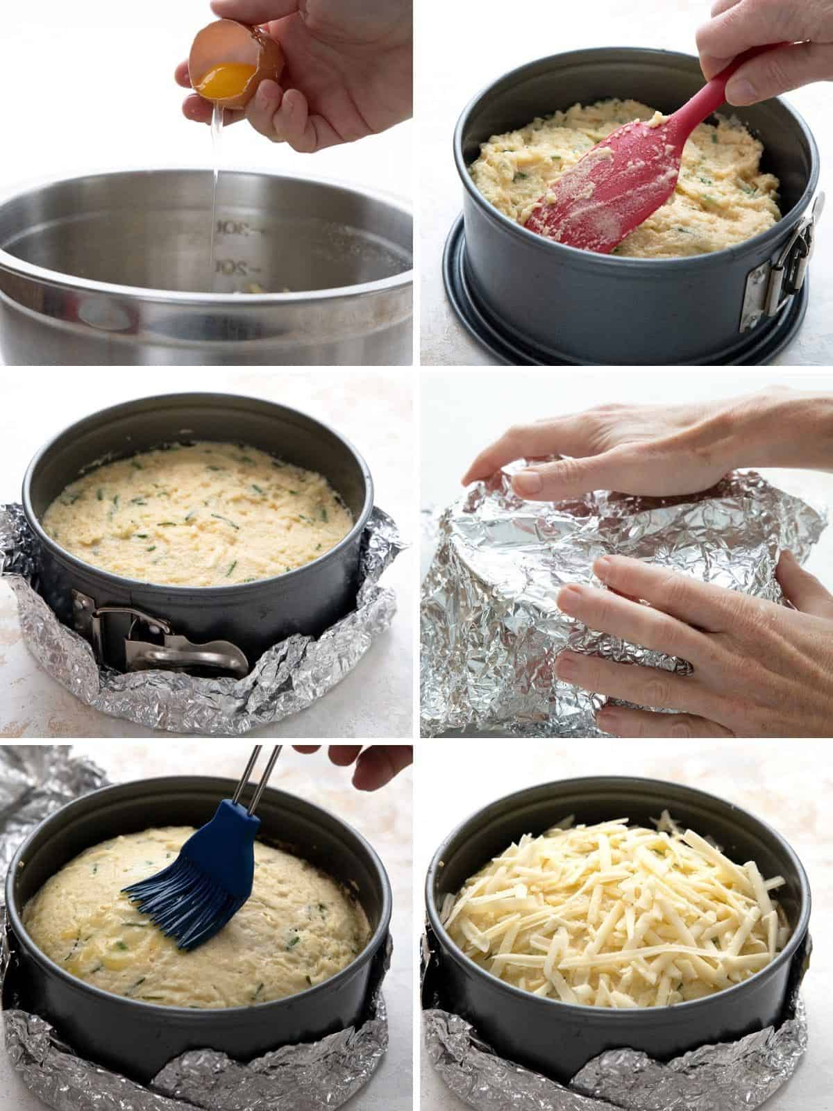 A collage of 6 photos showing the steps for making instant pot cheese bread.