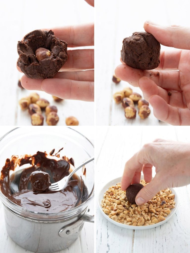 A collage of four photos showing the steps in making keto Nutella truffles.