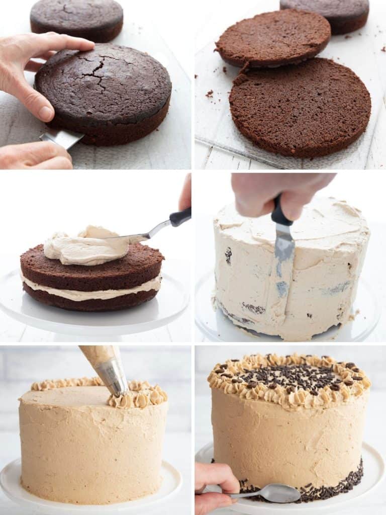 A collage of 6 photos showing the steps for making keto chocolate kahlua cake.