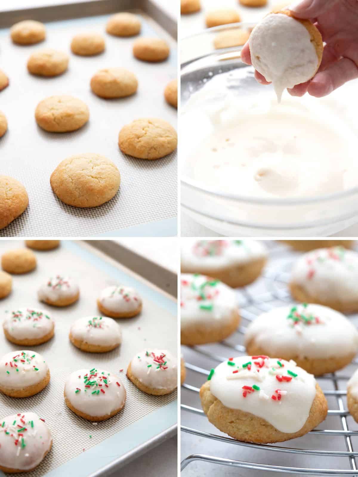 A collage of four photos showing the steps for making keto ricotta cookies.