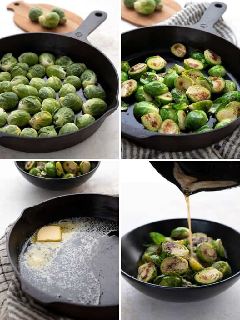 A collage of 4 photos showing how to make keto caramelized Brussels sprouts.