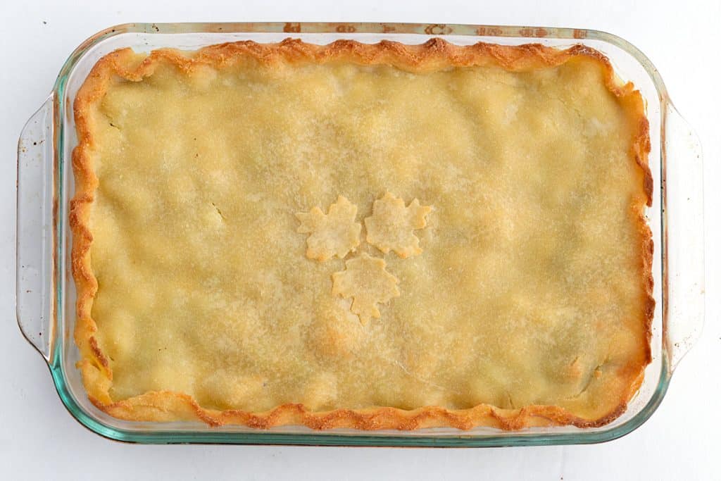 Top down image of keto turkey pot pie with fathead crust.