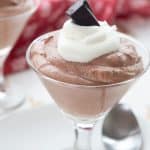 Close up shot of keto chocolate peppermint cheesecake mousse.