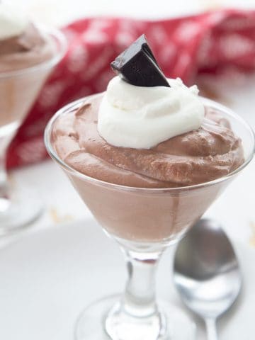 Close up shot of keto chocolate peppermint cheesecake mousse.