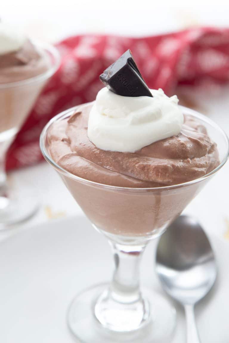 Close up shot of keto chocolate peppermint cheesecake mousse.