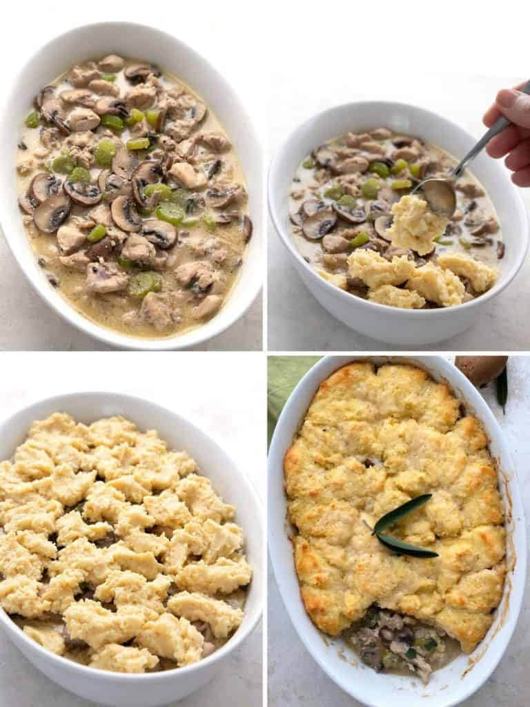 Four photo collage showing the steps for making keto chicken pot pie.