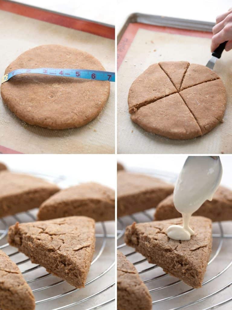 a collage of 4 photos showing the steps for making keto gingerbread scones.