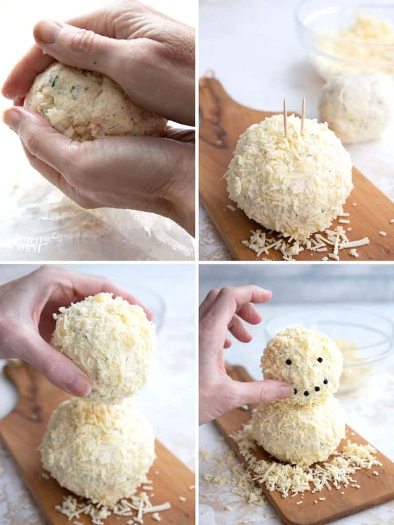A collage of four photos showing how to make a keto snowman cheeseball.