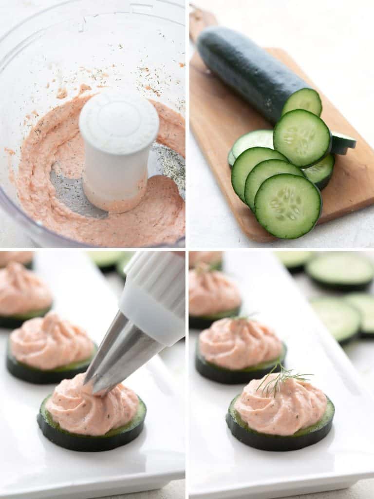 A collage for four photos showing steps for making easy salmon mousse.