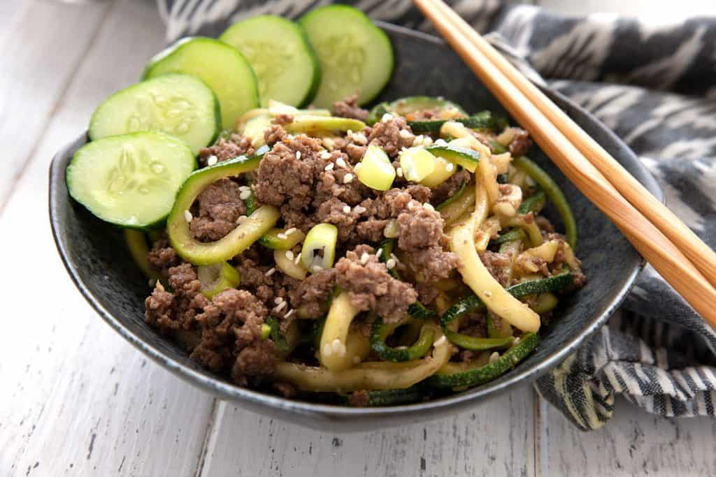 A black bowl filled with easy keto korean beef.