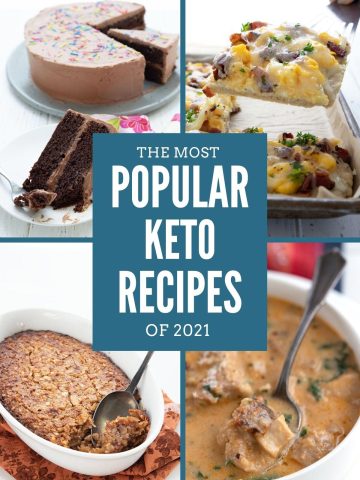 A collage of 4 keto recipes with the title in the center: The Most Popular Keto Recipes of 2021