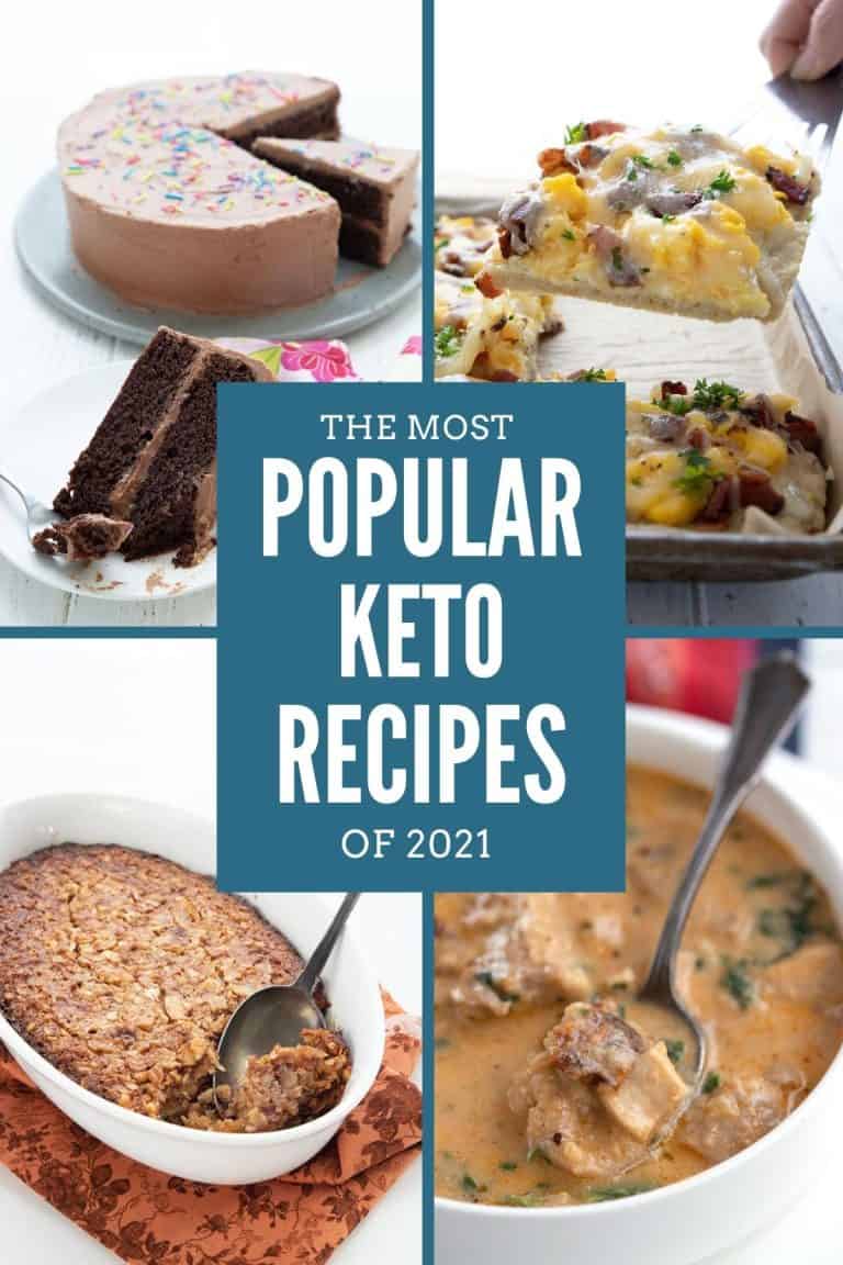 A collage of 4 keto recipes with the title in the center: The Most Popular Keto Recipes of 2021