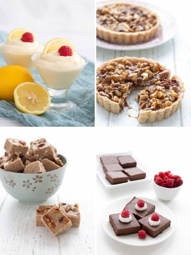 A collage of 4 photos from Dairy-Free Keto Desserts showing Lemon Mousse, Caramel Nut Tarts, Chocolate Truffle Bars, and Pecan Pie Fudge
