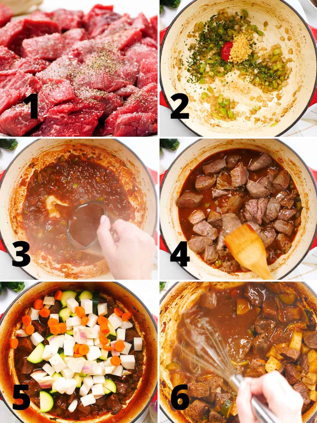 A collage of 6 images showing how to make Keto Beef Stew.