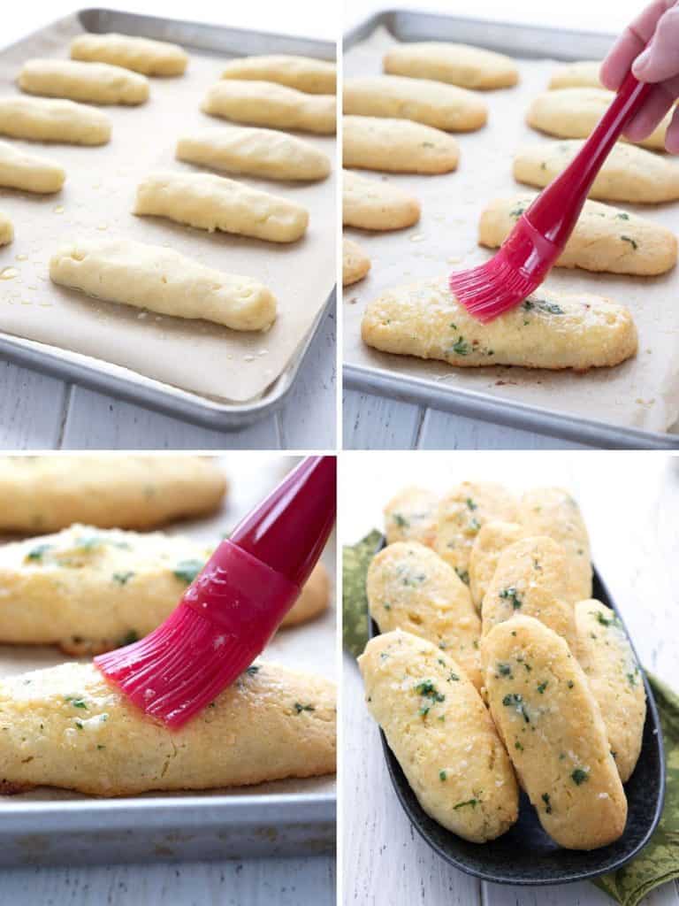 A collage of four photos showing the steps for making keto breadsticks.