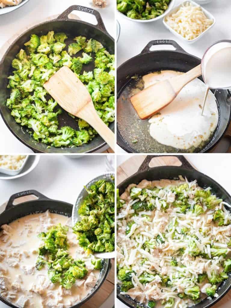 A collage of 4 photos showing how to make keto chicken broccoli casserole.