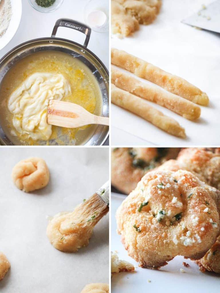 A collage of 4 images showing the steps for making keto garlic knots.