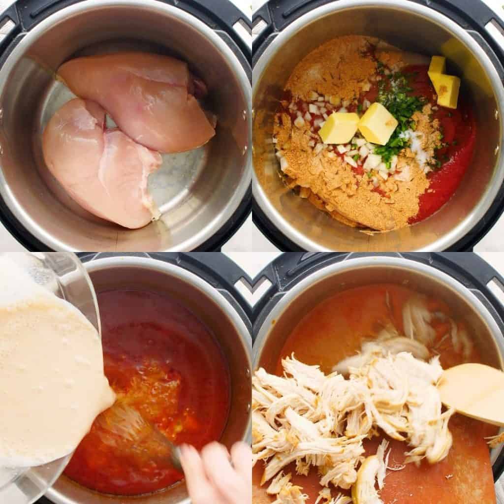 Four photos showing the steps for making easy keto chicken enchilada soup.