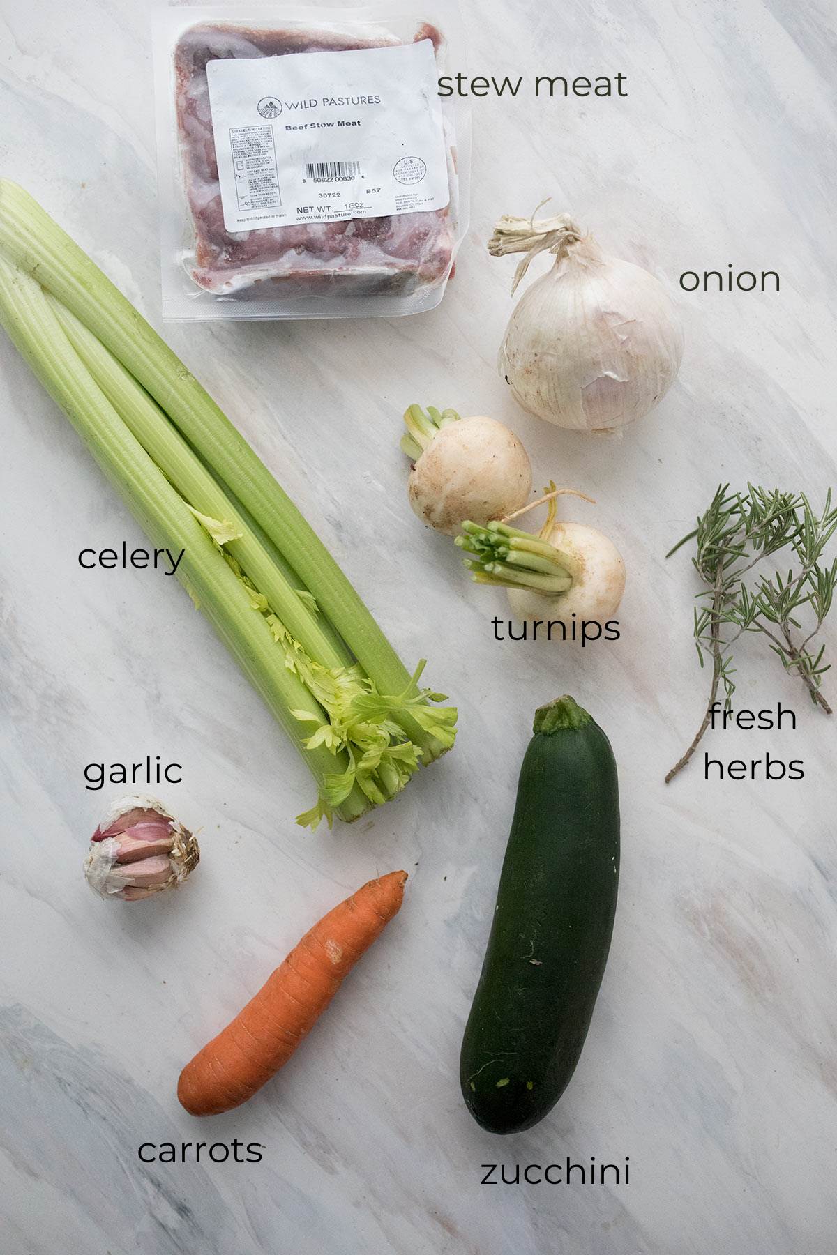Top down image of ingredients for Keto Beef Stew. 