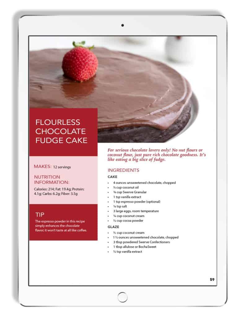 iPad mock up of a recipe from Dairy-Free Keto Desserts with the ingredients list for Flourless Chocolate Cake