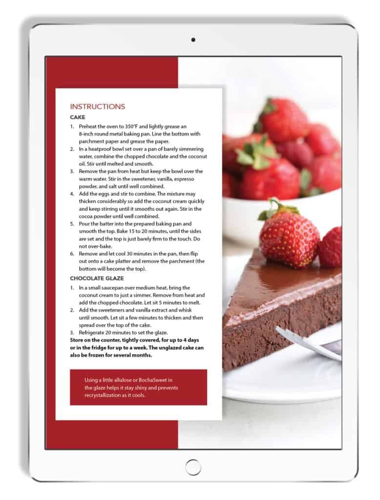 iPad mock up of a recipe from Dairy-Free Keto Desserts with the instructions for Flourless Chocolate Cake