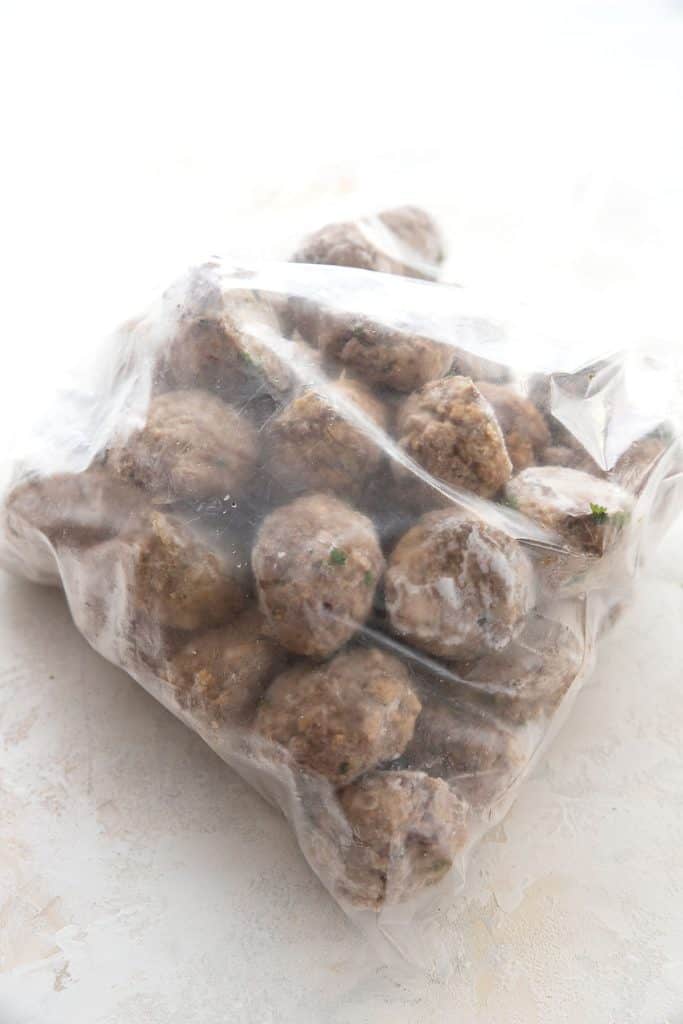Keto meal prep meatballs in a freezer bag.