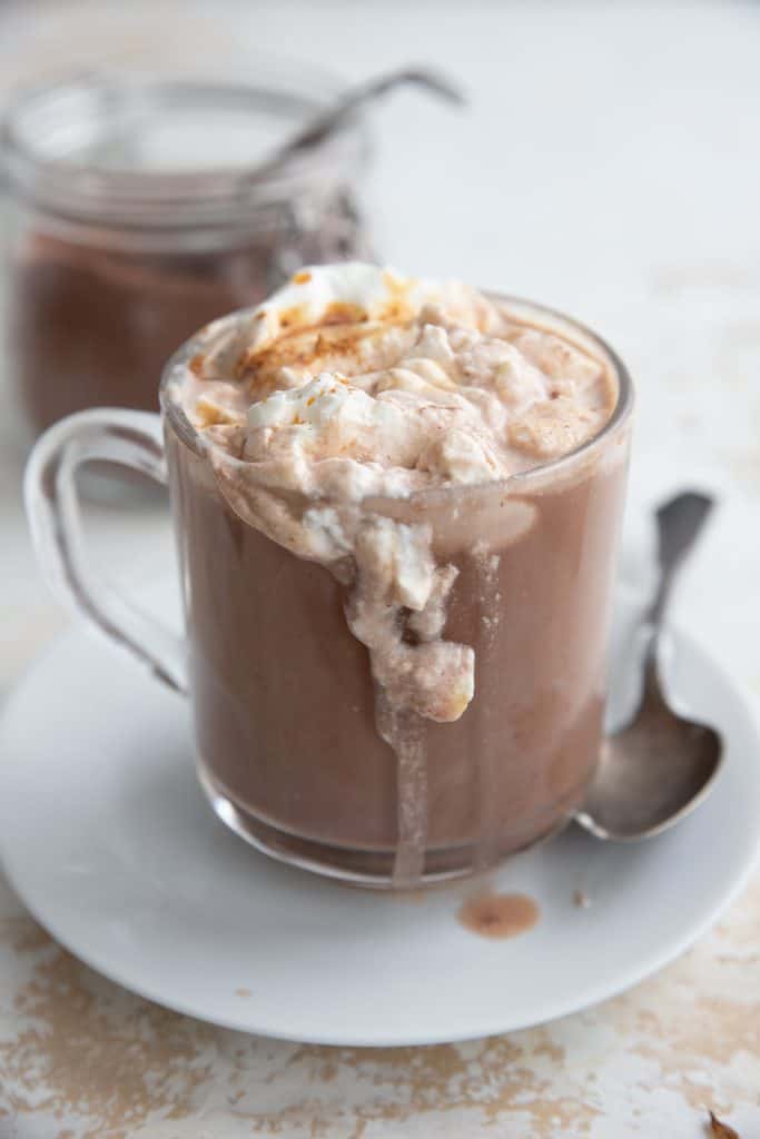 A plate with a mug of hot chocolate on top and the mix in the background.