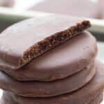 Titles image of a stack of keto thin mints with the top one broken in half.