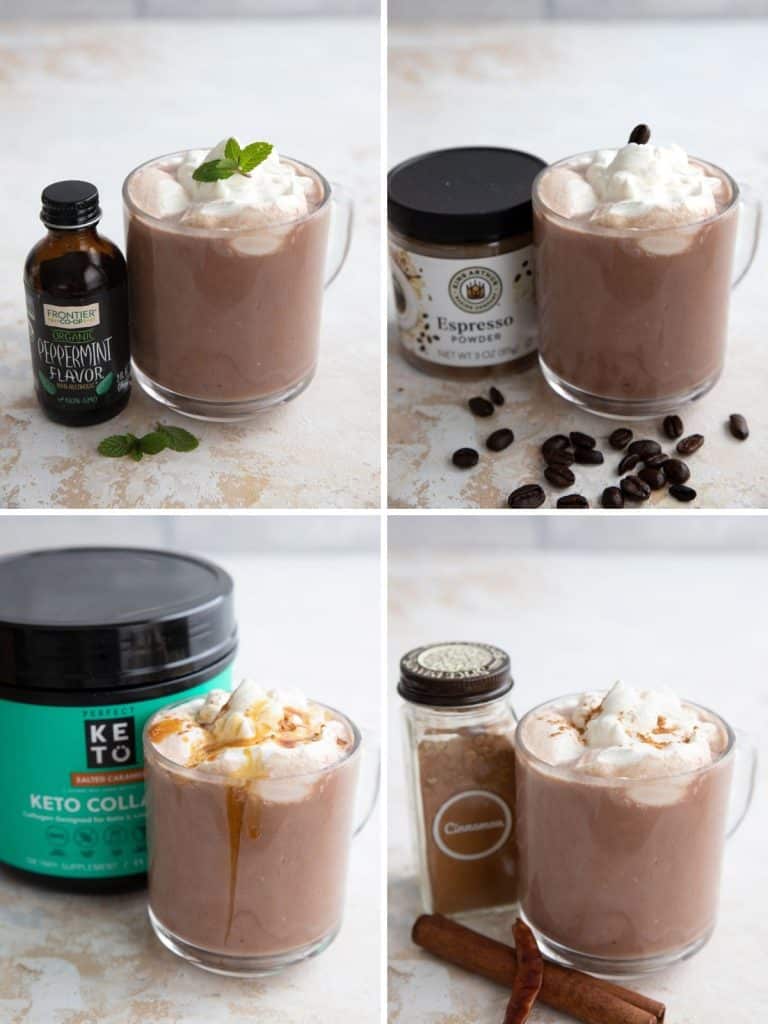 Four photos showing the flavor variations for sugar free hot chocolate mix