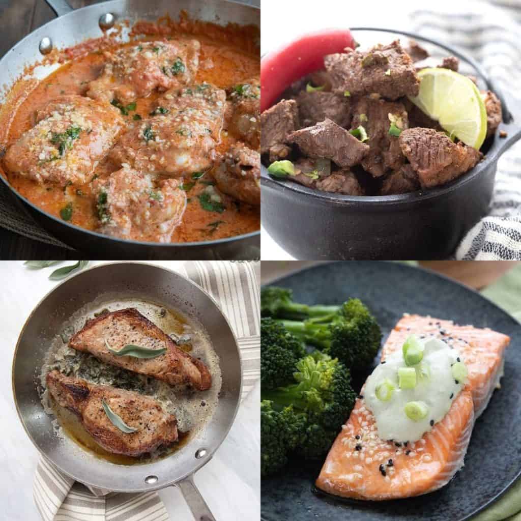 A collage of four photos showing tomato basil chicken, air fryer steak bites, oven roasted salmon, and air fryer pork chops.