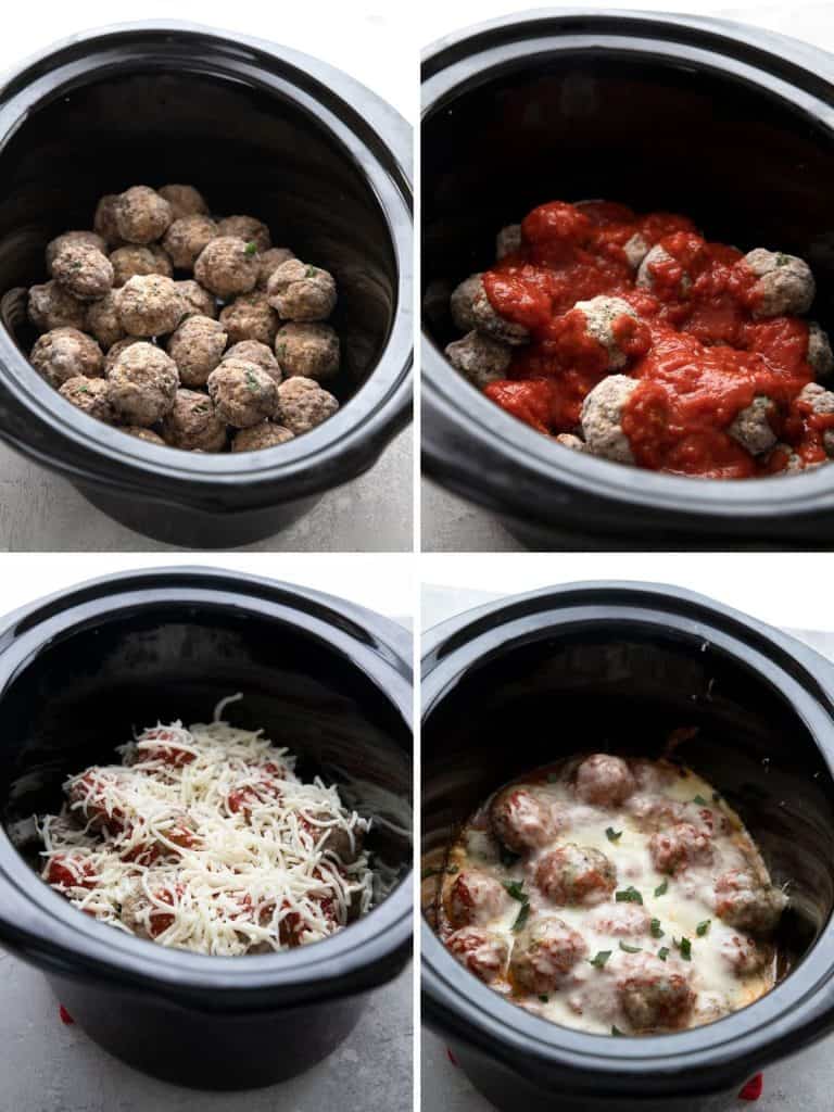 4 photos showing the steps for making keto meatball casserole.