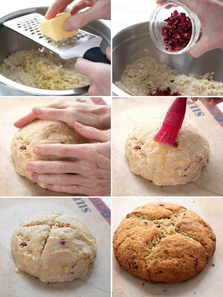A collage of 6 photos showing the steps for making Keto Irish Soda Bread.